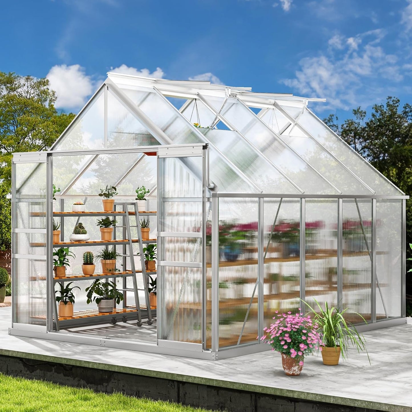 DWVO 8x10FT Polycarbonate Greenhouse for Outdoors, Large Heavy Duty Aluminum Greenhouses with Sliding Doors and Vent Window, Walk-in Greenhouse Large Sun House for Garden Backyard, Sliver