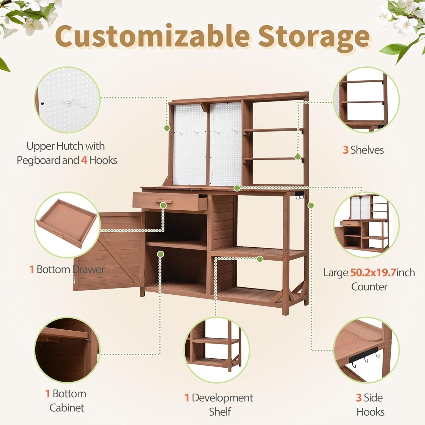Fir Wood Potting Bench with Hutch - Outdoor Garden Workstation with 4 Shelves, Drawer & Adjustable Storage, 50.2" Countertop, & Pegboard (Brown + Wood + Rustic)