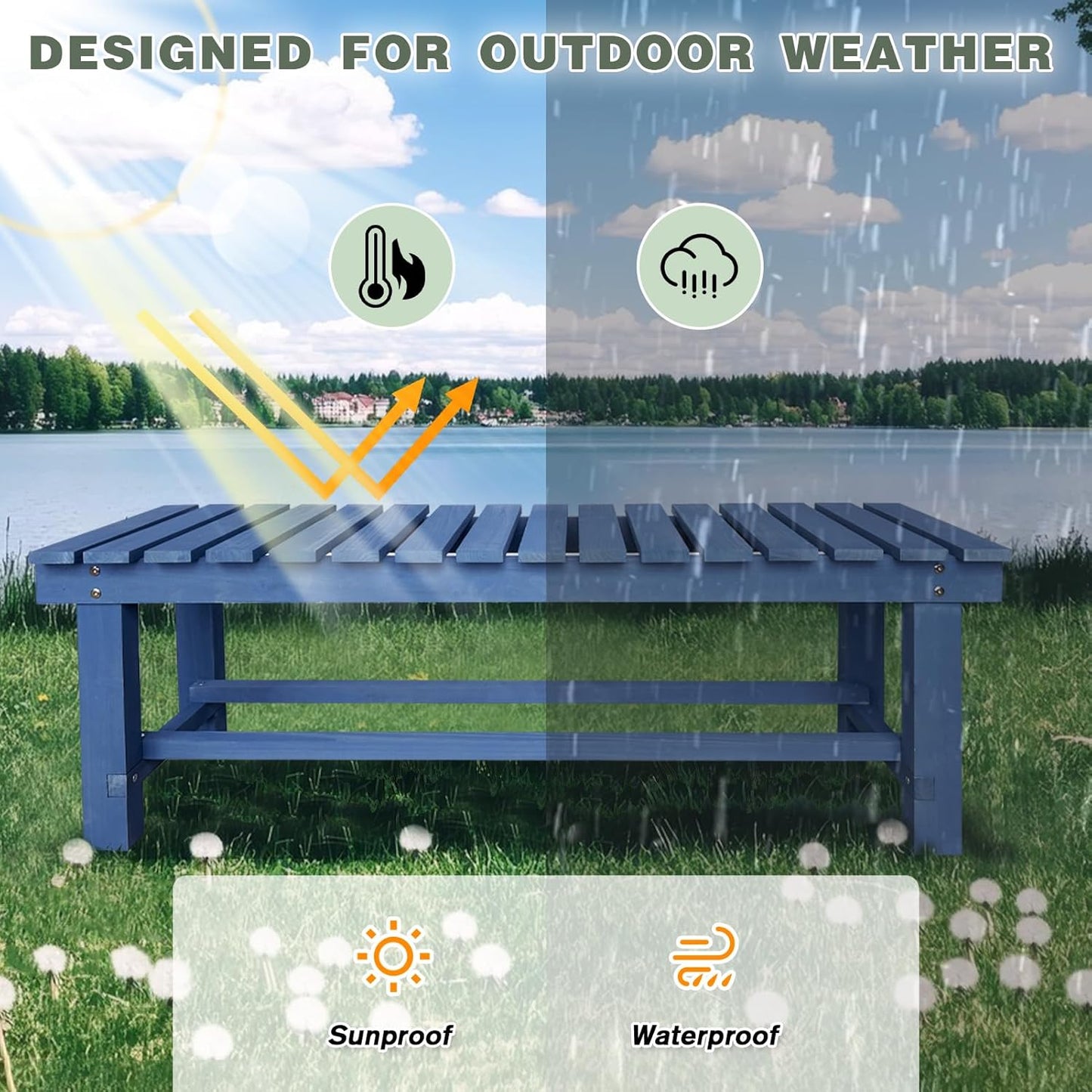 Outdoor Garden Wood Bench, 2-Person Weatherproof Wooden Bench Park Narrow Bench, Never Rot or Fade Waterproof Backless Bench for Entryway, Outdoor, Patio, Porch, Backyard and Park (Blue, 35.5''/90cm)