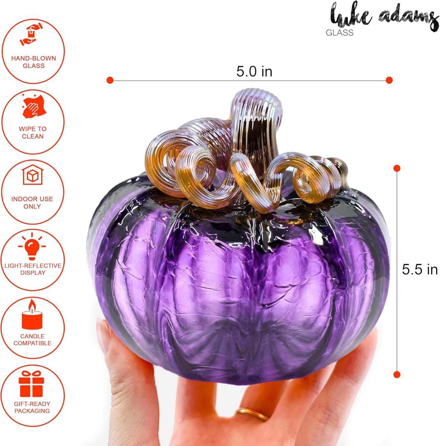 Luke Adams Glass Handmade Glass Pumpkins Handmade Table Top Home Decor (Squat, Plum)