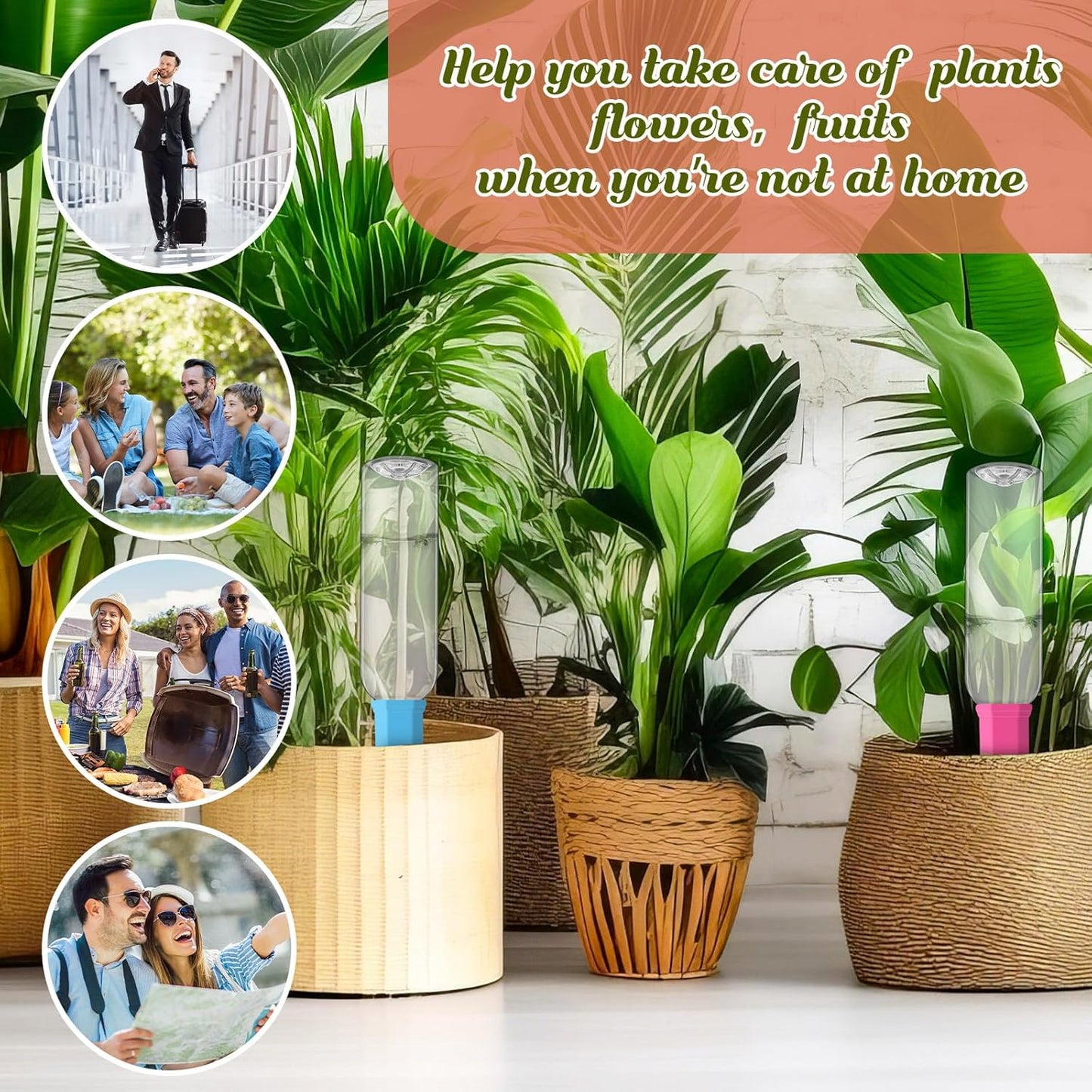 6 Sets Plant Watering Devices Include Terracotta Self Watering Spikes and 26 oz Plastic Bottles, Slow Release Vacation Insert Automatic Plant Waterer Device (Clear and Mixed Color)