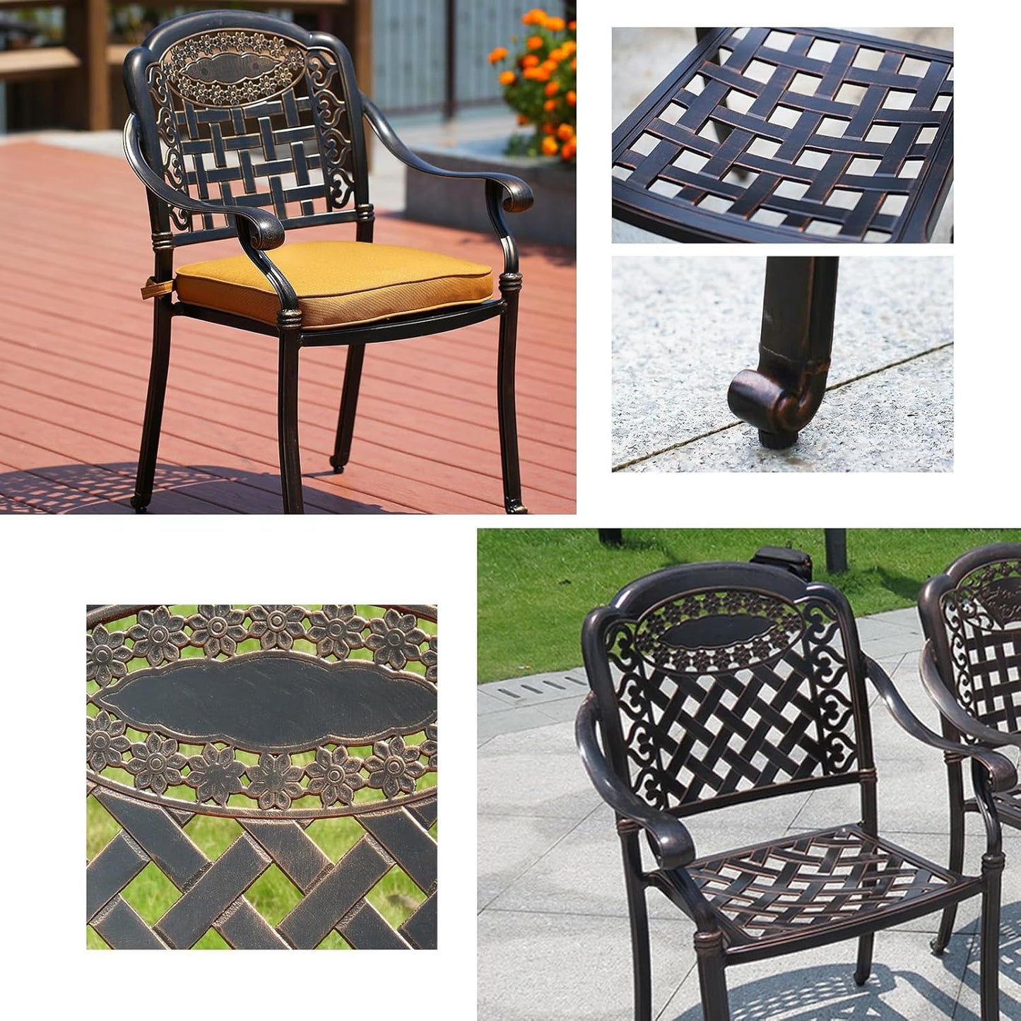 Outdoor Dining Chair Cast Aluminum Patio Chairs Set of 2 All-Weather Patio Dining Chair with Adjustable Feet for Backyard Garden (YLSB Chair)