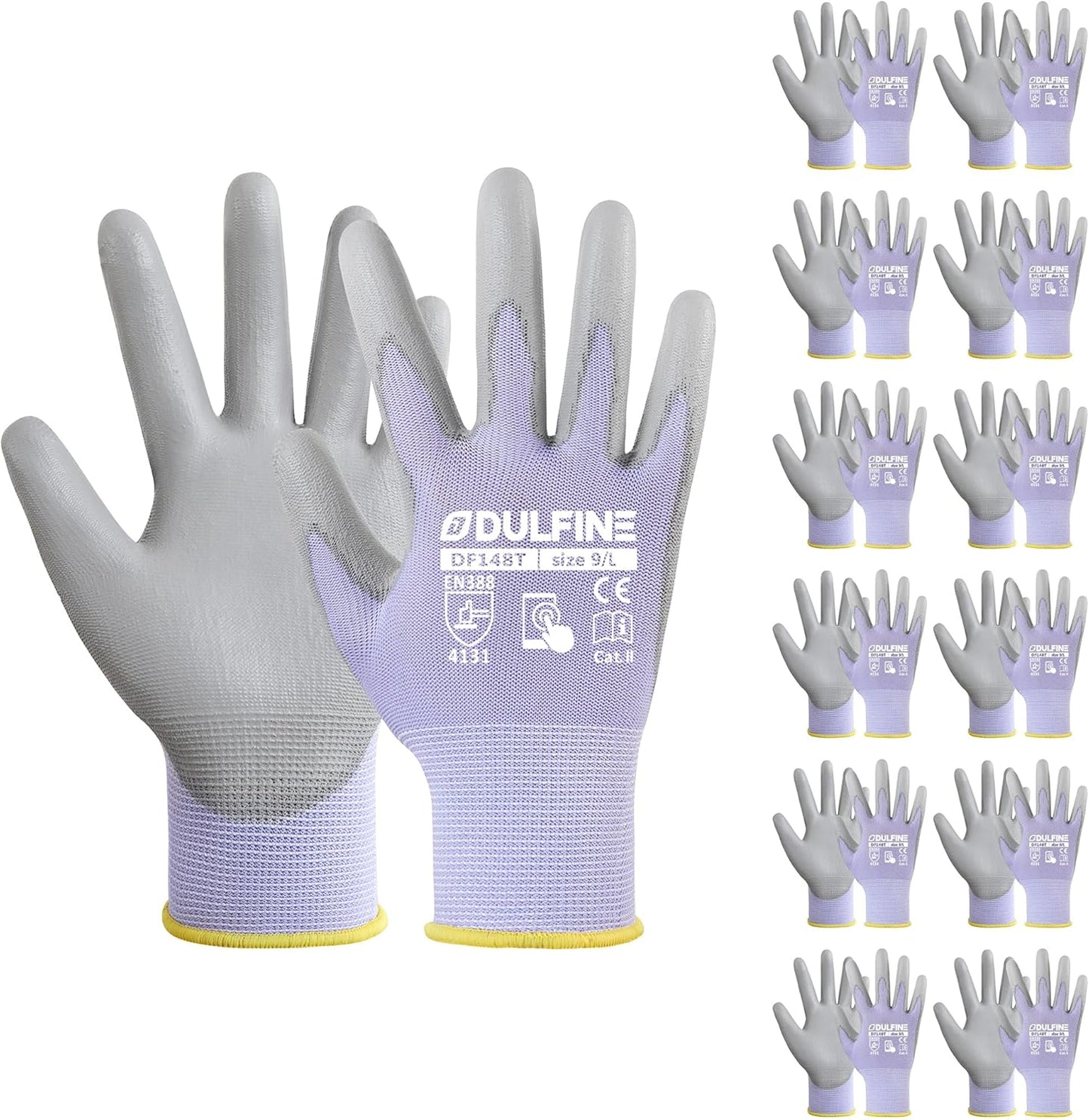 DULFINE Work Gloves for Men PU Coated 12 Pairs Bulk Pack,Purple Seamless Knit Glove with thin Polyurethane,Two Finger Touchscreen, for Men and Women, Ideal for Light Duty Work. (Small)