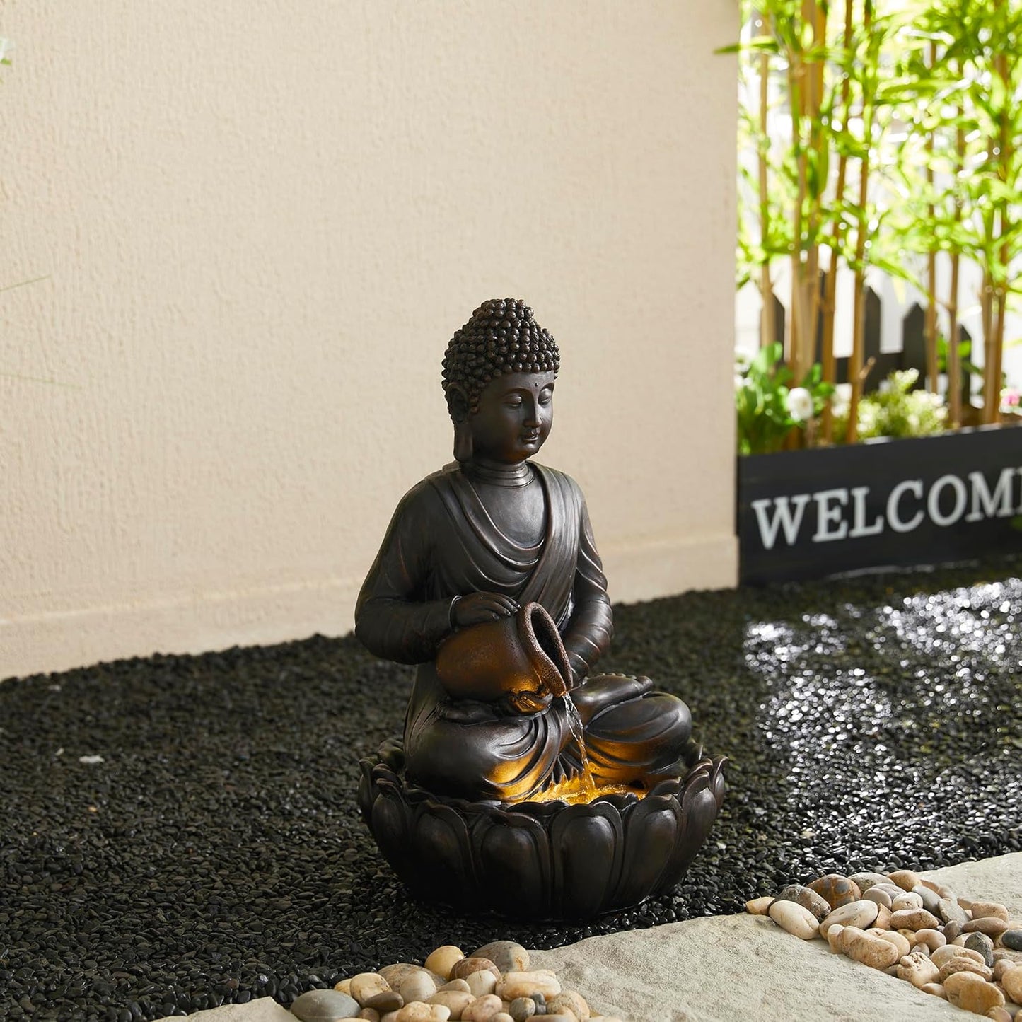 Glitzhome Buddha Fountain Outdoor 2 Tier Zen Style Buddha Water Fountains with Pump & LED Light, Buddha Fountains and Waterfalls Outdoor Floor Fountain Buddha Statues for Garden Patio Backyard 21" H