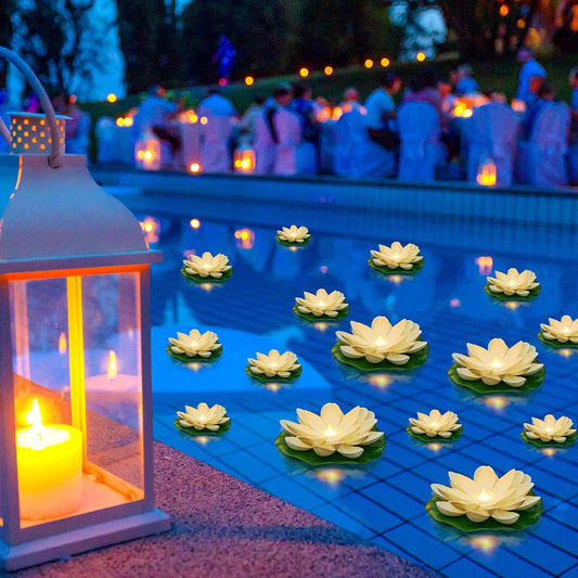 Liliful 24 Pcs Diwali Lotus Decoration Pool Floating Lights, Artificial Flowers Lotus with LED,Lily Pads Water Lantern for Indian Puja Home Decoration(3.94 Inch, 5.91 Inch,White)