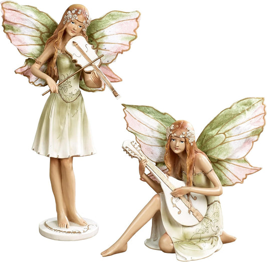 Fairy Concerto Figurines Green and Pink Tones 8-9.5" Wx4 Dx7-13 H Set of 2