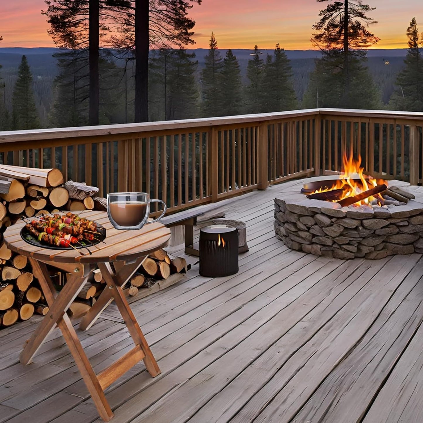 Outdoor Patio Side Table Round Small Wood End Table Folding Coffee Furniture for Living Room, Bedroom, Plant Stand, Camping Portable Brown