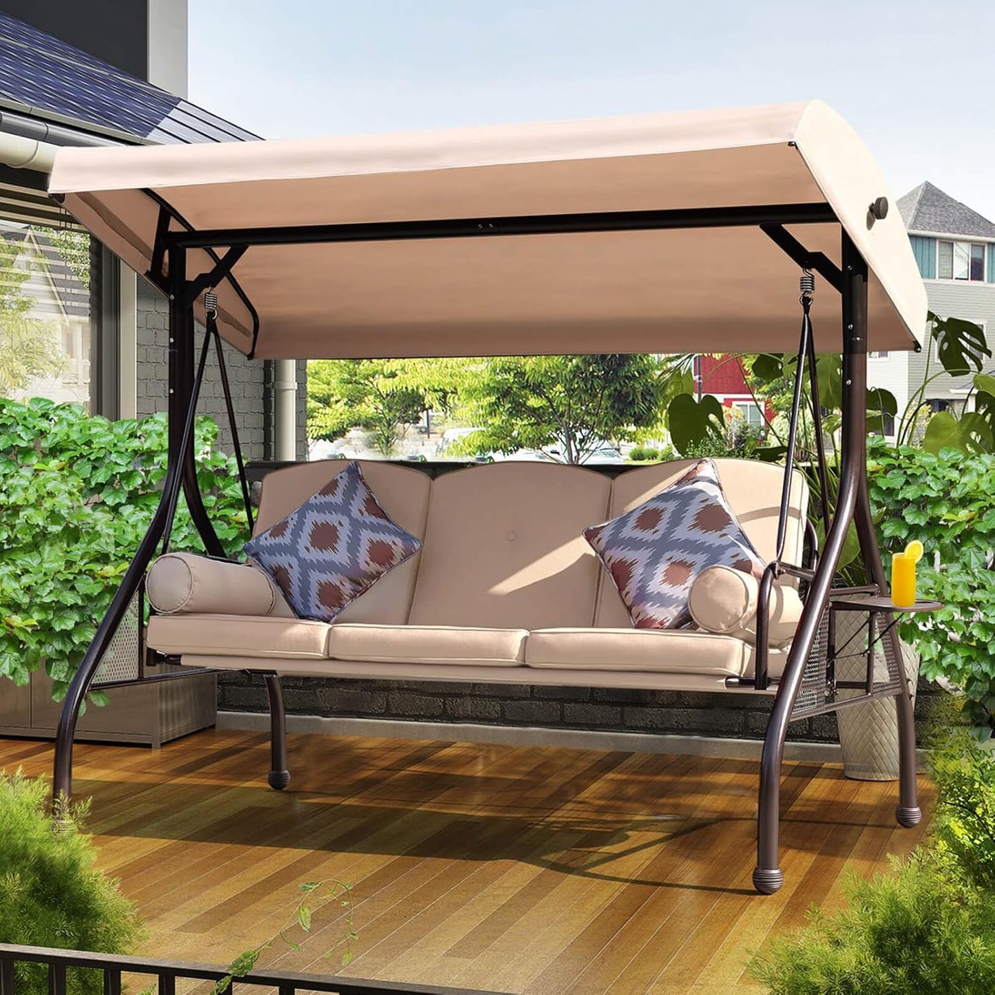 NOBLEMOOD Patio Porch Swing, 3-Seat Outdoor Swing with Adjustable Canopy, Waterproof Fabric Cushion, Pillow and Foldable Side Tray for Patio, Backyard, Porch Swing Bed for Spring