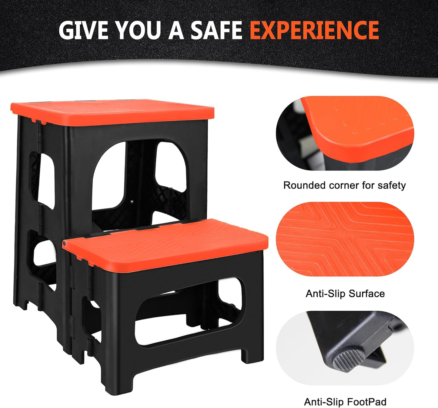 Folding 2-Step Stool, Non-Slip Portable Footstool 8" & 17" Dual Heights, Holds 250 lbs, Portable Footstool for Kitchen Home Toilet Bedroom Office Bathroom RV(Orange)