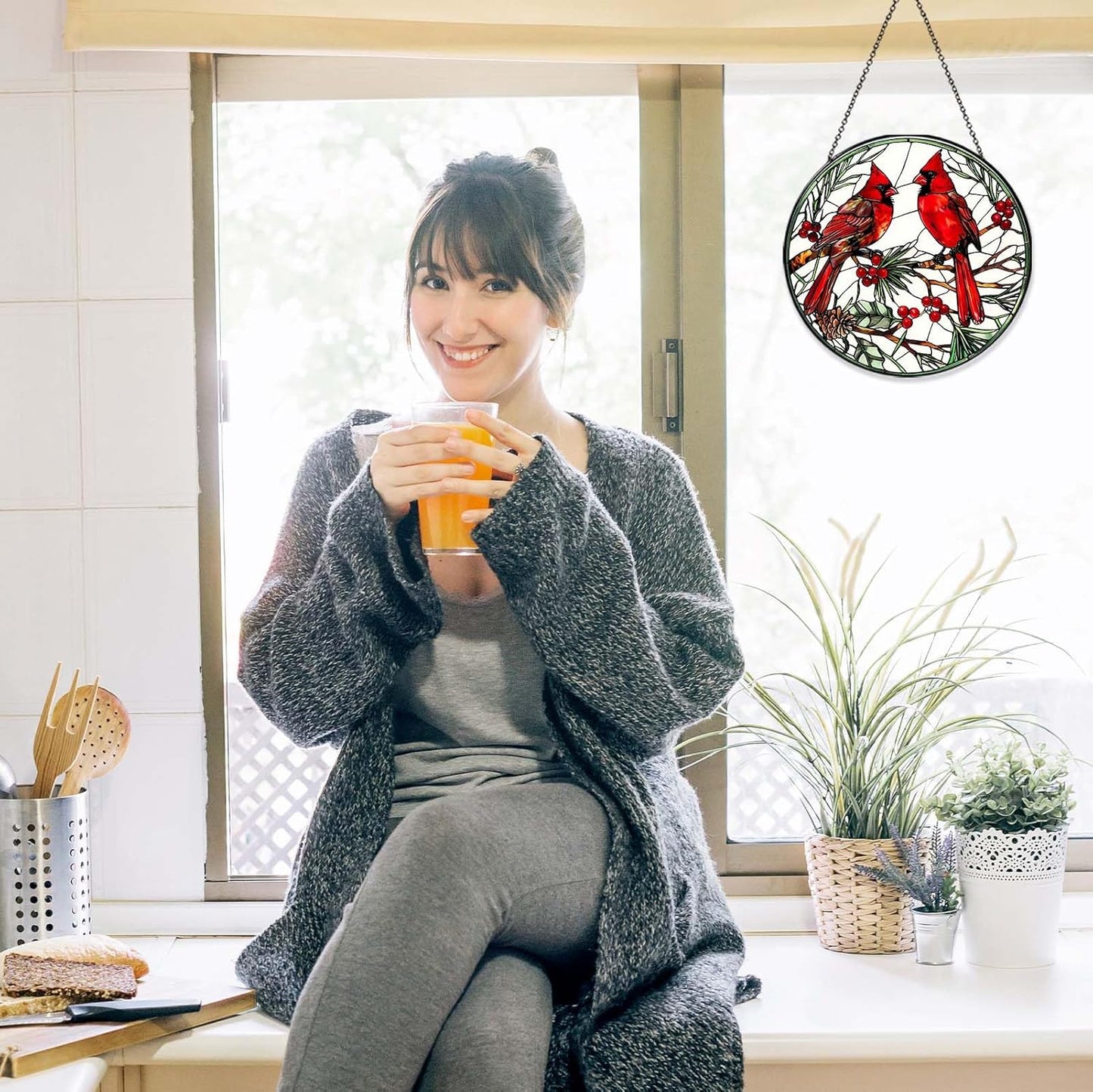 Cardinal Sun Catcher Stained Glass Window Hanging Cardinal Decor Lovers Gifts for Women Handmade Sun Catcher Decoration for Garden Home Housewarming Gifts