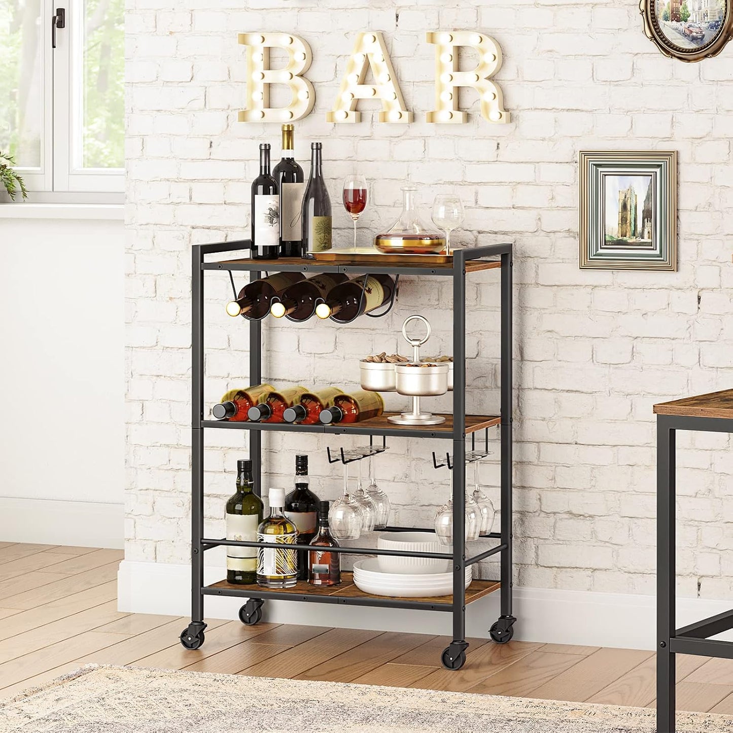 HOOBRO Bar Cart, 3-Tier Coffee Cart with Wheels, Kitchen Cart, Wine Cart with Wine Rack and Glass Holder, Rolling Serving Cart for Home, Living Room, Party, Bar, Rustic Brown and Black BF35TC01G1