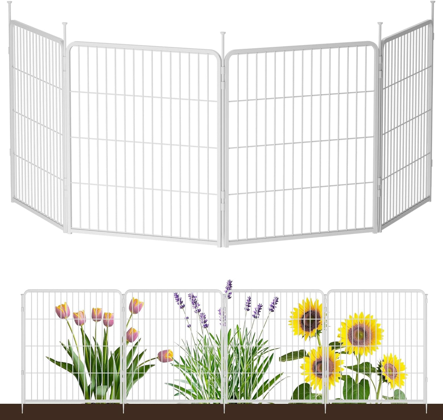 Doorless Garden Fence 32 in(H) x 8.9 ft(L) 4 Panels, Heavy Duty Metal Animal Barrier Fence, No Dig Fence for Dogs, Rabbit Fence for Garden, White