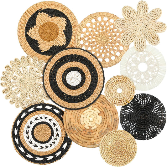 Tatuo 11 Pcs Boho Wall Basket Decor Decorative Bulrush Woven Basket Wall Decor Art Round Farmhouse Hanging Baskets for Kitchen Rustic Home Summer Decorations, Multi Sizes(Retro)