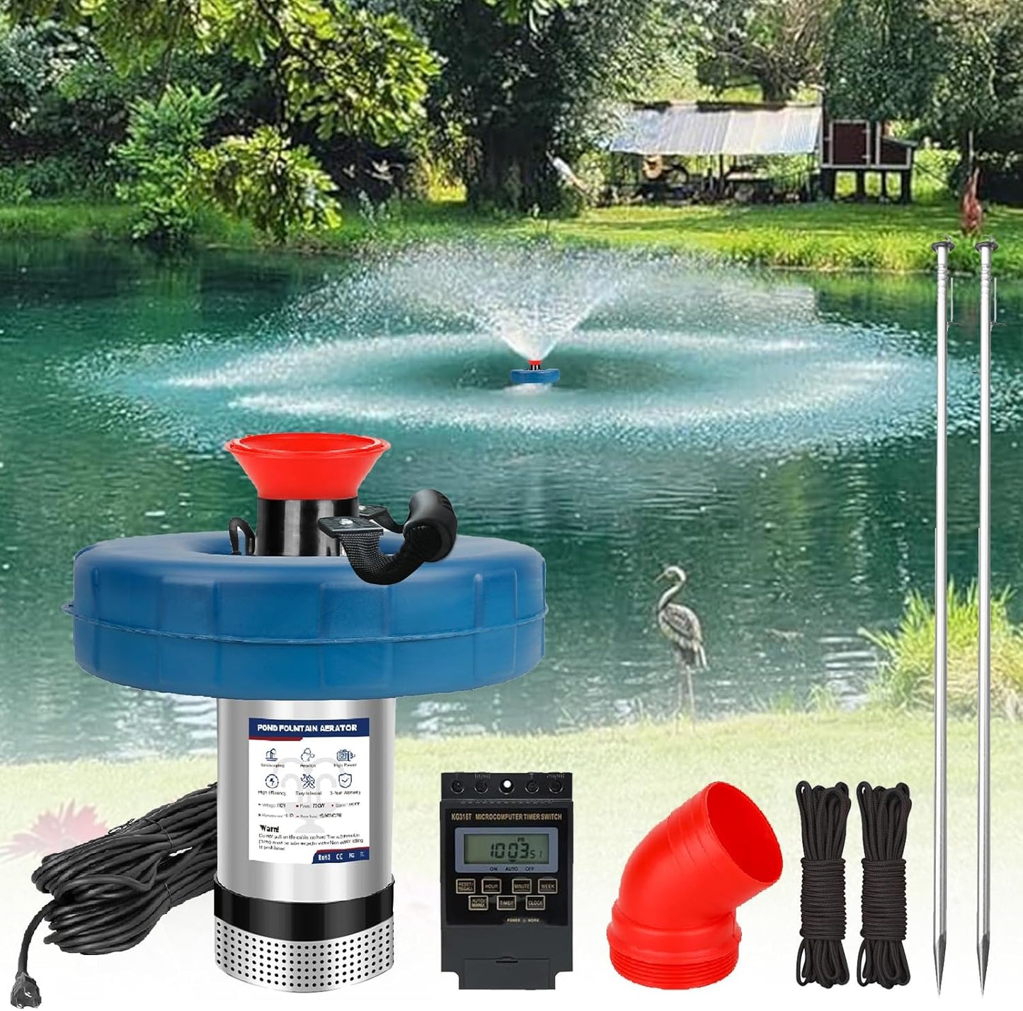 Pond Fountain Aerator 1 HP 15,000 GPH Fountain Pump with Timer 15A/110V 100-foot Power Cord 33x2Ft Traction Rope High-efficiency energy-saving water circulation system for ponds and lakes
