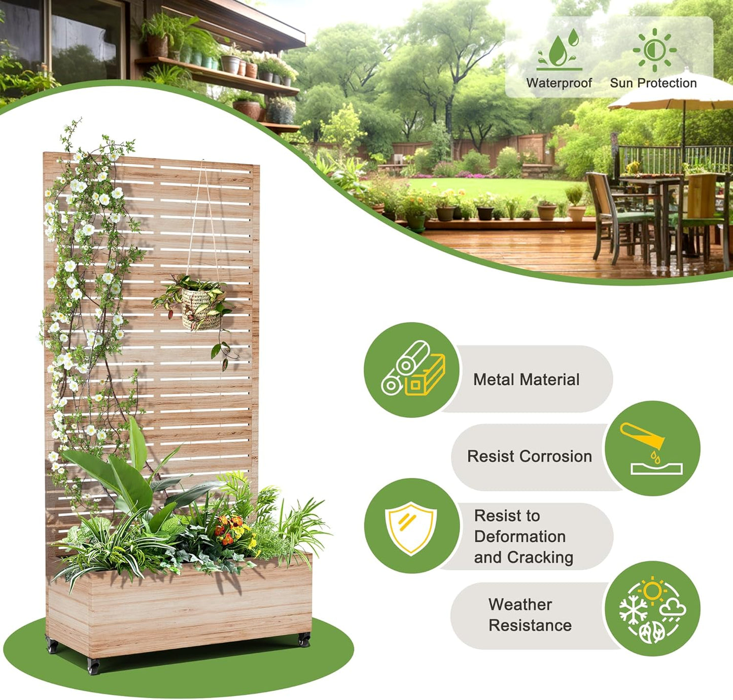 FENCY Metal Raised Garden Bed with Wheels and Trellis,73"x35"x16" Planter Box for Climbing Plants, Vegetables & Vines, Features Privacy Screen and Drainage Holes (Acacia Wood Finish)