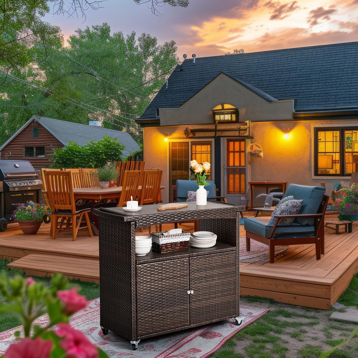 Outdoor Storage Cabinet,Outdoor Cabinet for Patio Bar Cart with Rolling Wheels Patio Bar Table with Storage Wicker Buffet Cabinets prep Table Kitchen Serving Cart with Door,Shelves,Handle Brown