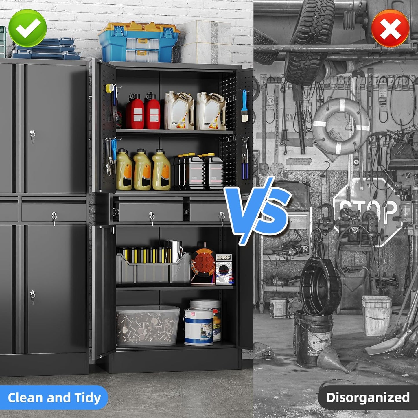 Garage Storage Cabinet, Metal Storage Cabinet with 2 Drawers and 2 Adjustable Shelves, Metal Lockers with Pegboards for Homes, Offices, Kitchens, Schools and Pantries