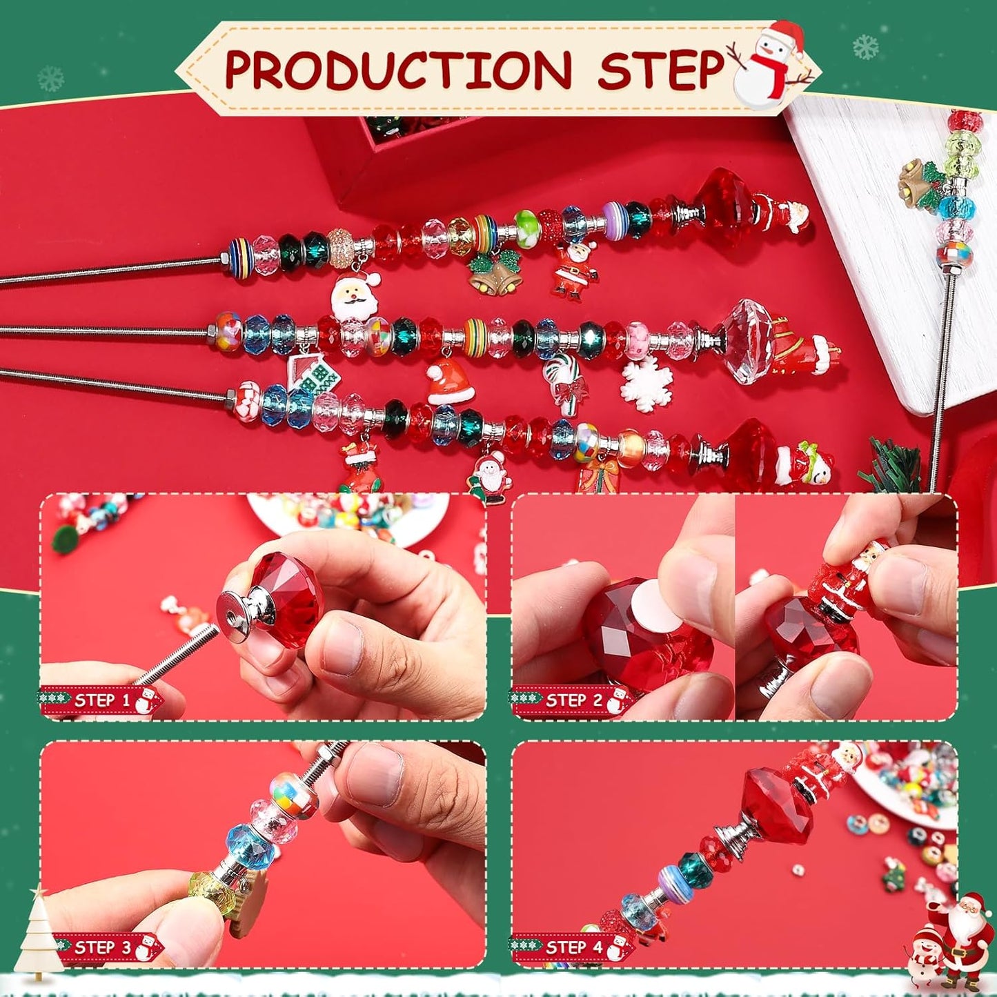 Beaded Garden Stake, DIY Fairy Wand Beaded Decorative Garden Stake Kit with 12IN Threaded Rod Crystal Stopper Top Large Holes Beads Christmas Decoration Pendants Outdoor Fairy Garden kit (110 Pieces)