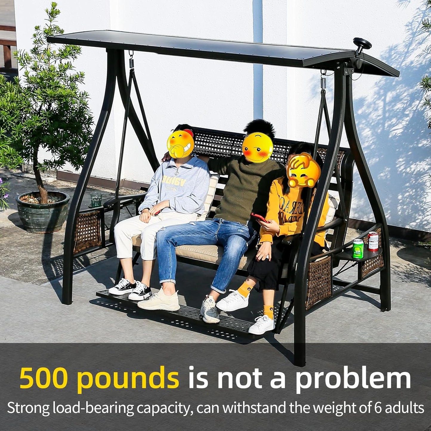 2/3-Seat Outdoor Patio Porch Swing with Adjustable Aluminum Alloy Canopy Solar Patio Swing Chair Bench with Footrest Side Cup Holder for Backyard Lawn (A-Aluminum Mesh Wood Grain-3 Seat)