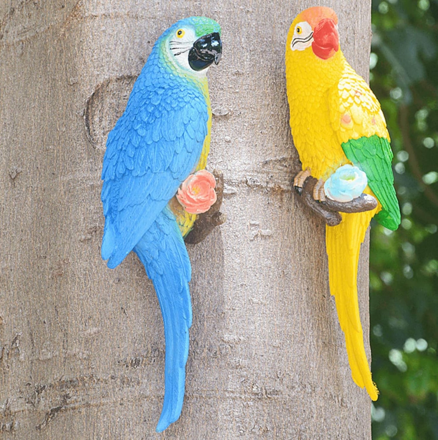 Bird Statue Garden Decorations,Outdoor Resin Bird Figurine Decoration,Bird Statue Real Parrot Figurine,Flapping Macaw Bird Tropical Decor Wall Sculpture, Polyresin, Full Color