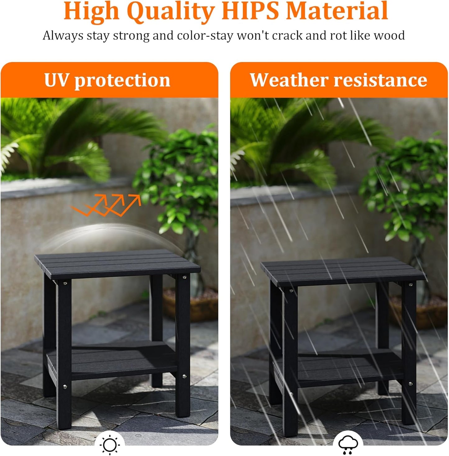 Weather Resistant Outdoor Side Tables Set of 2, Adirondack HDPE Small Outdoor Table, 2-Tier Small Patio Tables for Outside or Indoor, Black