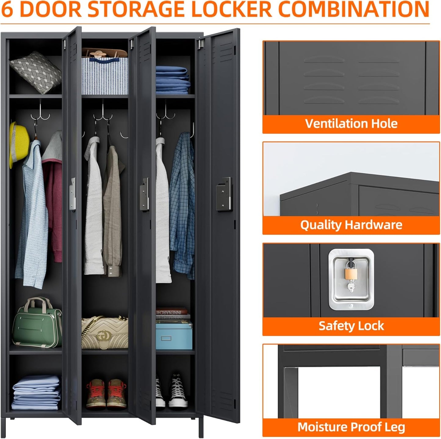 Metal Employee Lockers with 3 Doors,Metal Locker with 9 Hooks for Office Gym Garage Home,Assembly Required,Dark Grey