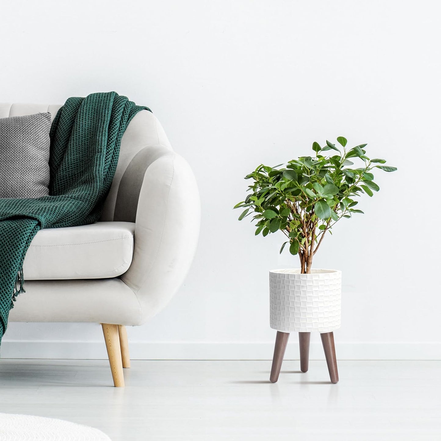 D'vine Dev 8 Inch Modern Geometric Tile Patterned Sleek Planter Pot with Stand, Indoor Outdoor Decorative Plant Holder, Matte White, 88-Z-A-1