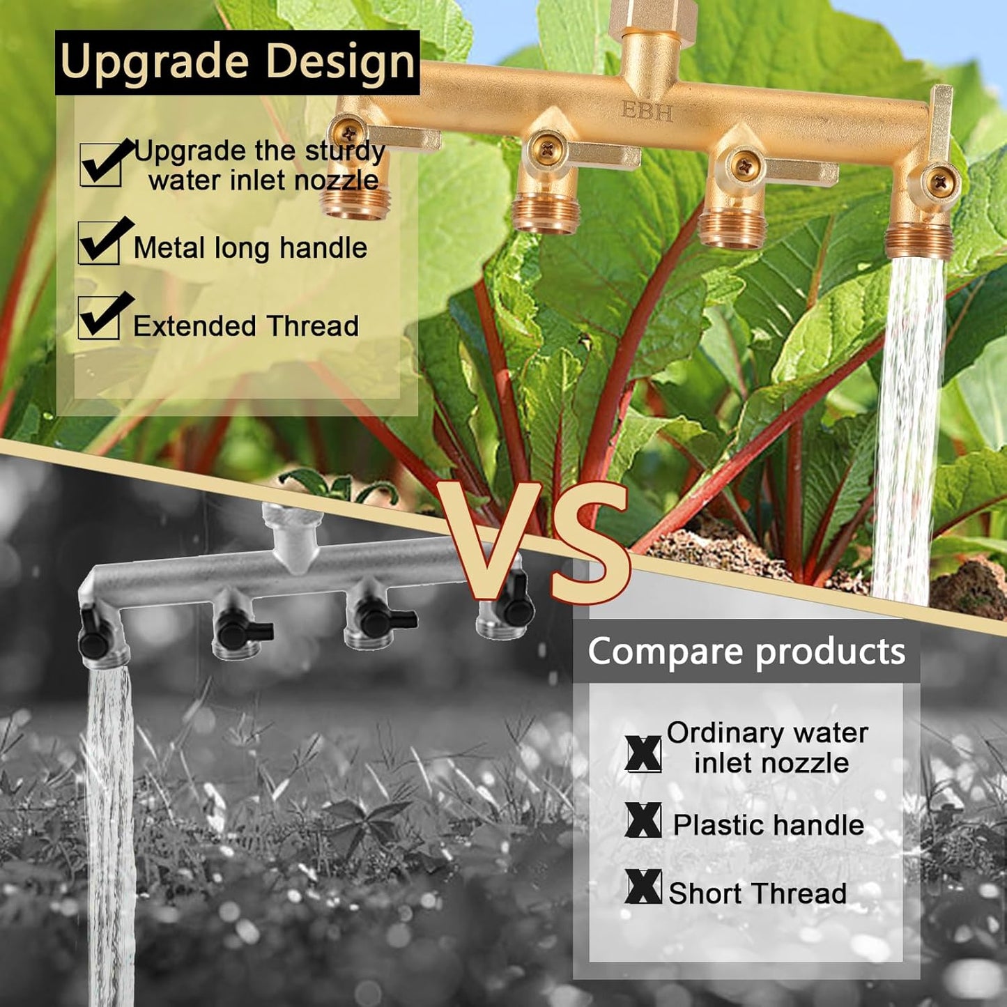 EBH Brass Garden Hose Splitter, 4-Way Heavy Duty Hose Splitter, Outdoor Faucet Manifold, with Extended Metal Handle and Individual On/Off Valve Spout, 3/4” GHT Threads