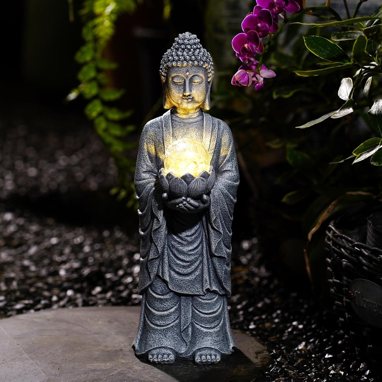 Goodeco Buddha Statue with Solar Lotus – 14.4 Inch Tall Large Garden Buddha Statue for Outside, Outdoor Zen Garden Statues