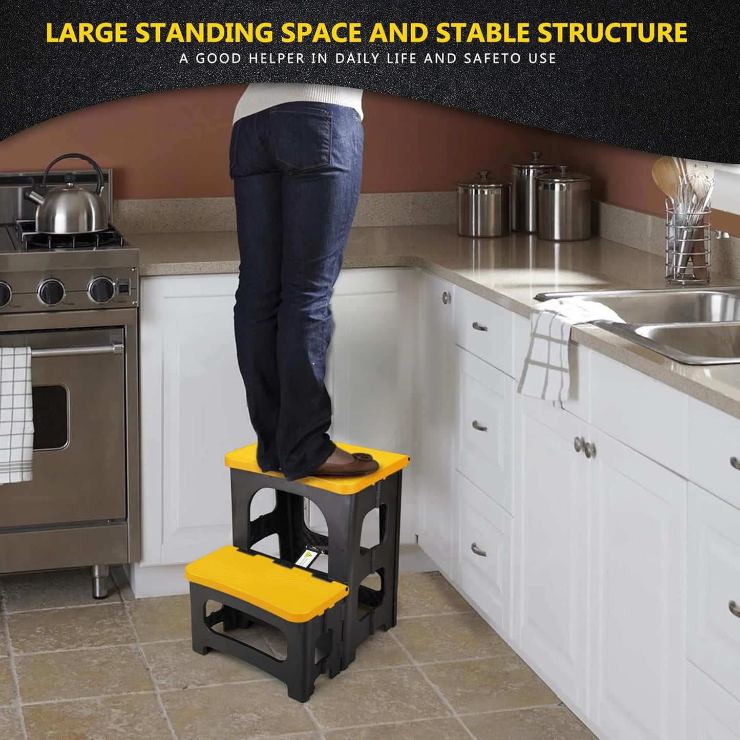 Folding 2-Step Stool, Non-Slip Portable Footstool 8" & 17" Dual Heights, Holds 250 lbs, Portable Footstool for Kitchen Home Toilet Bedroom Office Bathroom RV(Yellow)