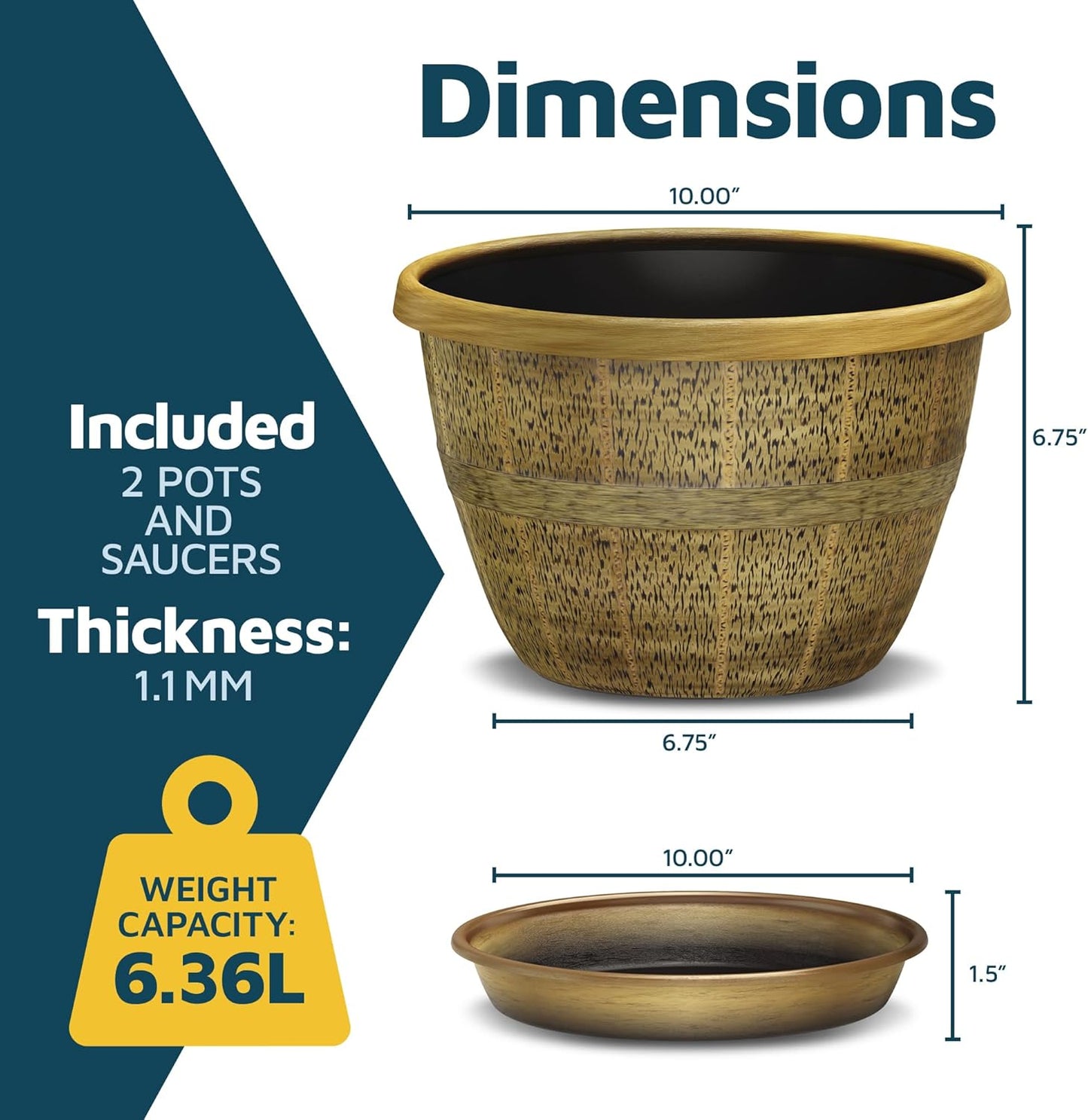 10-Inch Whiskey Barrel Planters Outdoor Pack of 2 - Durable Plastic Plant Pots for Indoor & Outdoor Use with Drainage & Saucer, Lightweight Rustic Barrel Planters for Flowers, Herbs & Small Plants