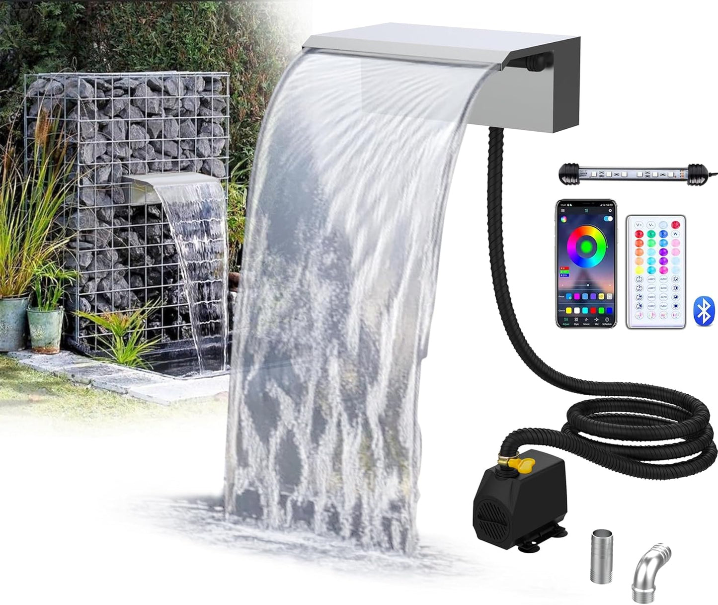 Stainless Steel Waterfall Spillway, APP Control Multi-Color LED Light Outdoor Pool Fountain, Water Spillway Koi Pond Waterfalls Fountains Kit for Garden Patio Swimming Pool Decoration-11.8"