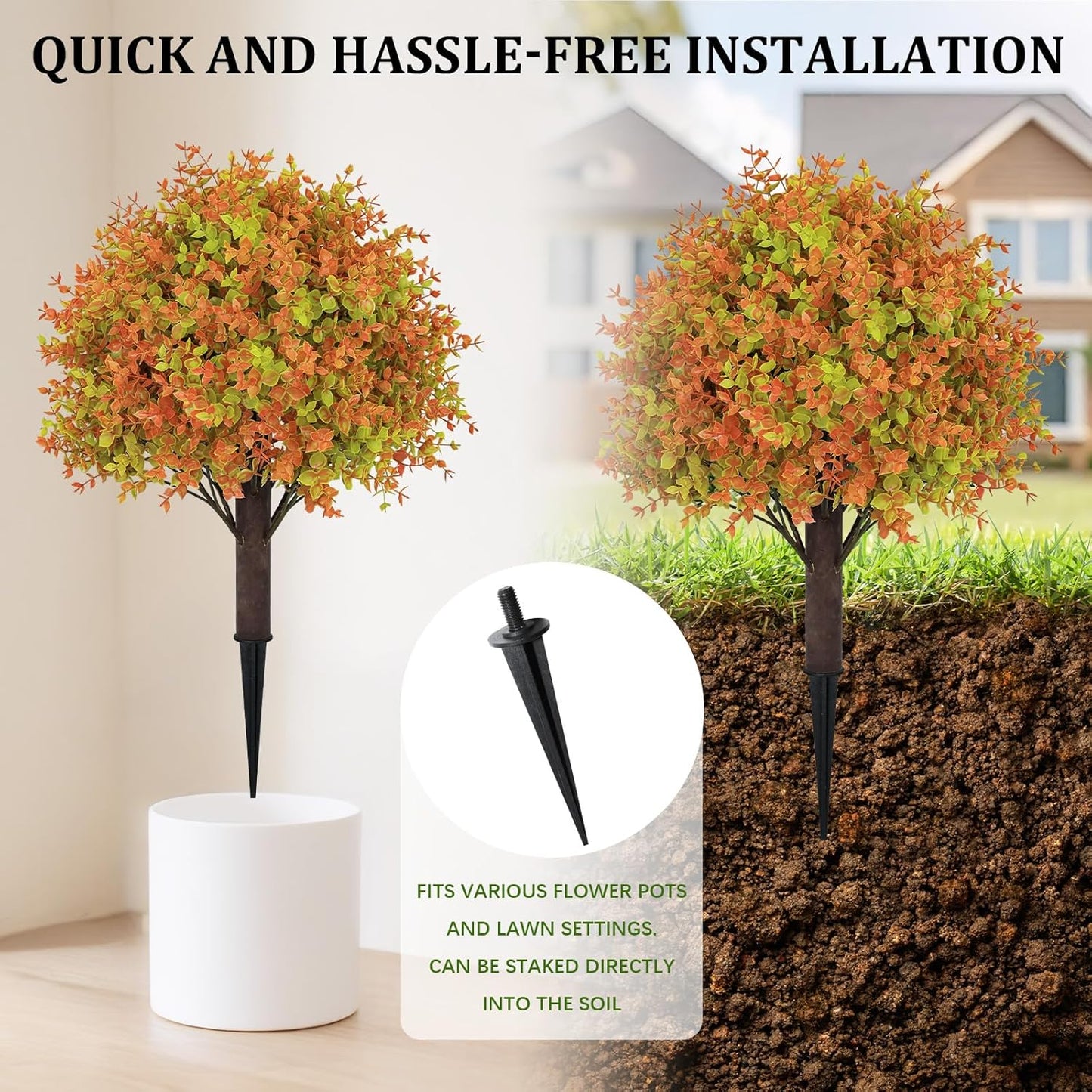 24" Fall Plants Artificial Boxwood Topiary Trees, UV Resistant Faux Bushes with Ground Spike, Fake Shrubs for Outdoor Planters, Front Porch, Patio, Yard Decor Set of 2