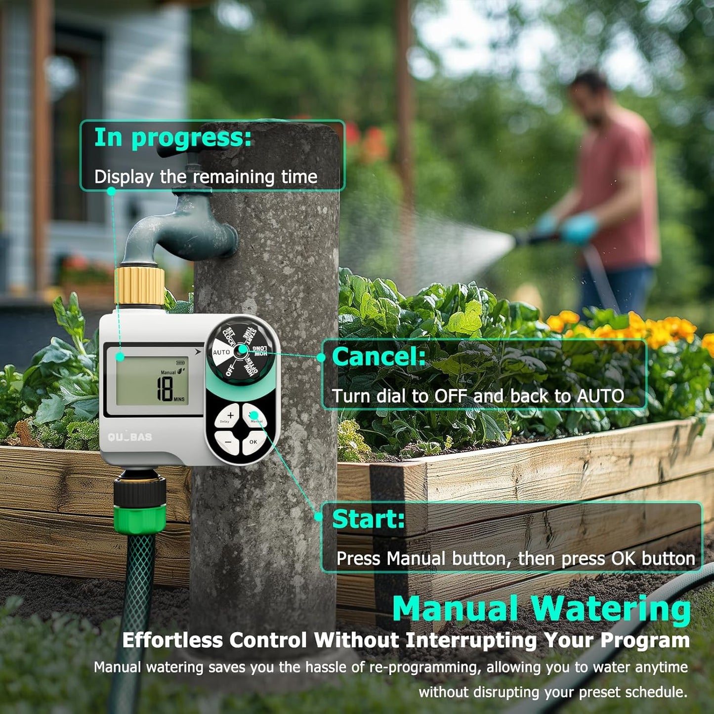 QUOBAS Sprinkler Timer, Programmable Hose Timers with Brass Inlet & Outlet, Water Timer for Garden Hose with Rain Delay/Automatic/Manual Watering System, Digital Drip Irrigation Timers for Yard, Lawn