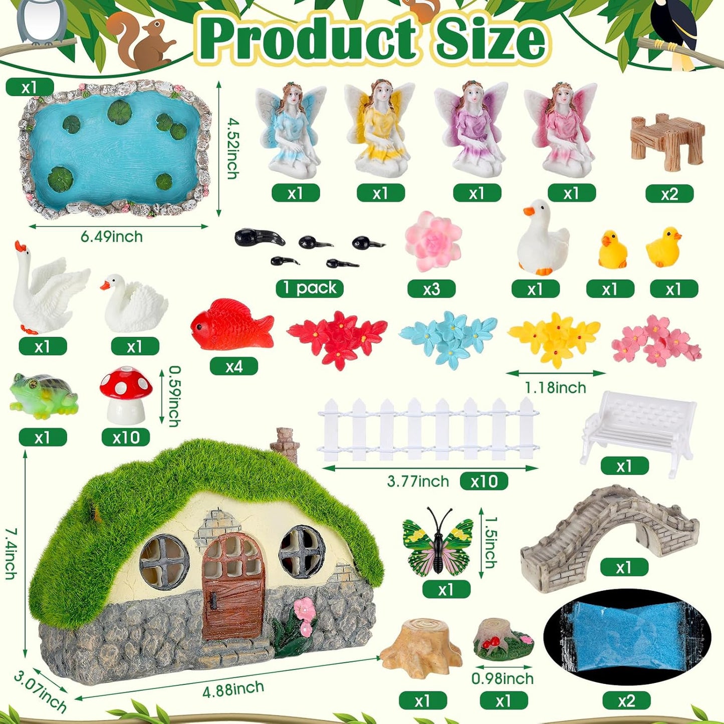 Roowest 57 Pcs Solar Fairy House Garden Accessories Light up Mushroom House Resin Fairy Figures Garden Kit Resin Miniature Fish Pond Figures Micro Landscape Outdoor Decoration