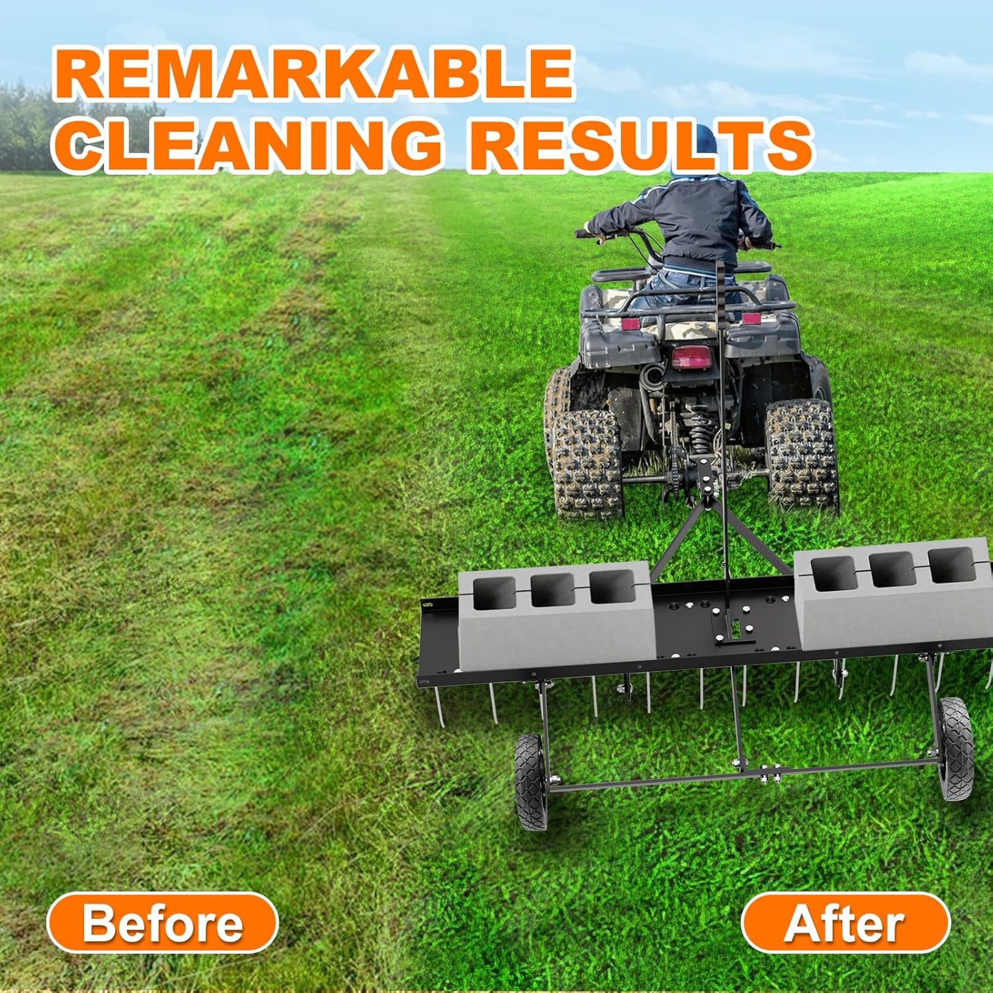 48" Tow Behind Lawn Dethatcher, Pull Behind Rake with 24 Rust-Proof Tines and Heavy Tires, Lawn Tractor Rake with Lift Handle, Black Tow Behind Rakes to Remove Thatch, Leaves from Large Lawn Area