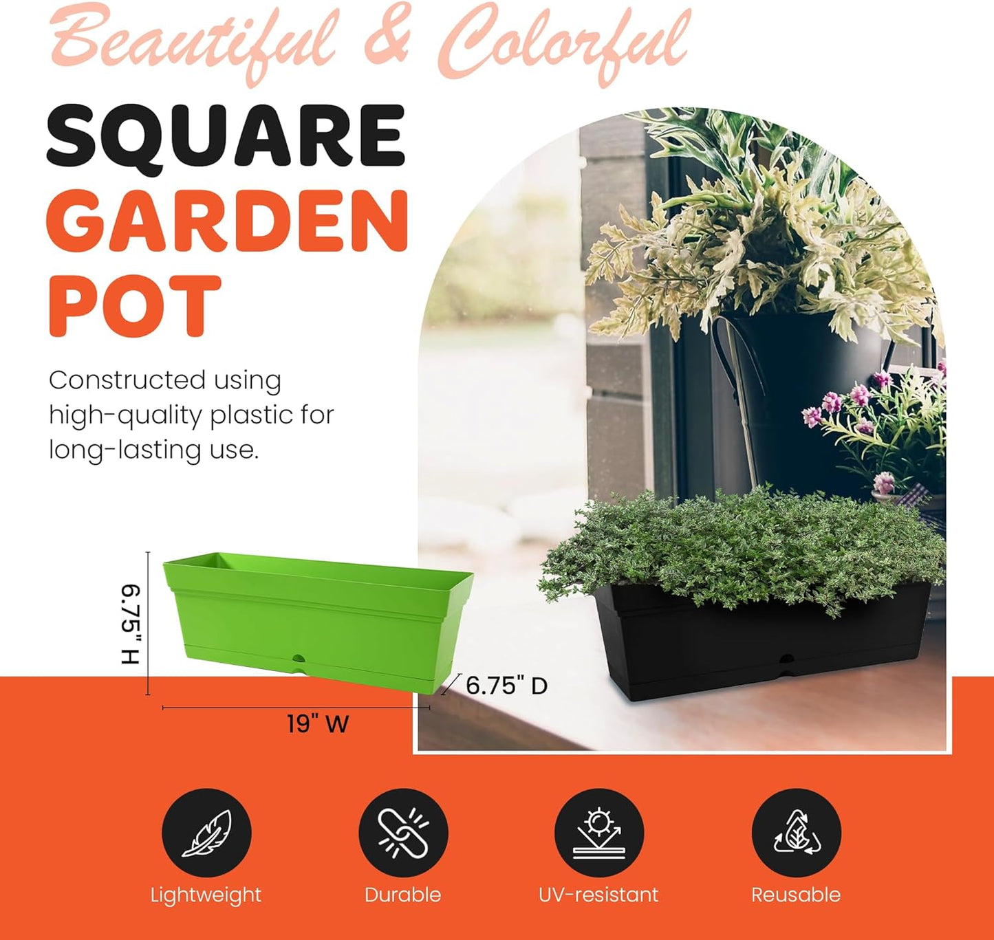 Mintra Window Box Planter, Window Planter Box for Indoor Outdoor Use, Rectangular Pots with Saucers & Drainage Holes, Decorative Plant Pots for Window Sill, Shelf, Desktop, 19" Wx6.75 H, Light Green