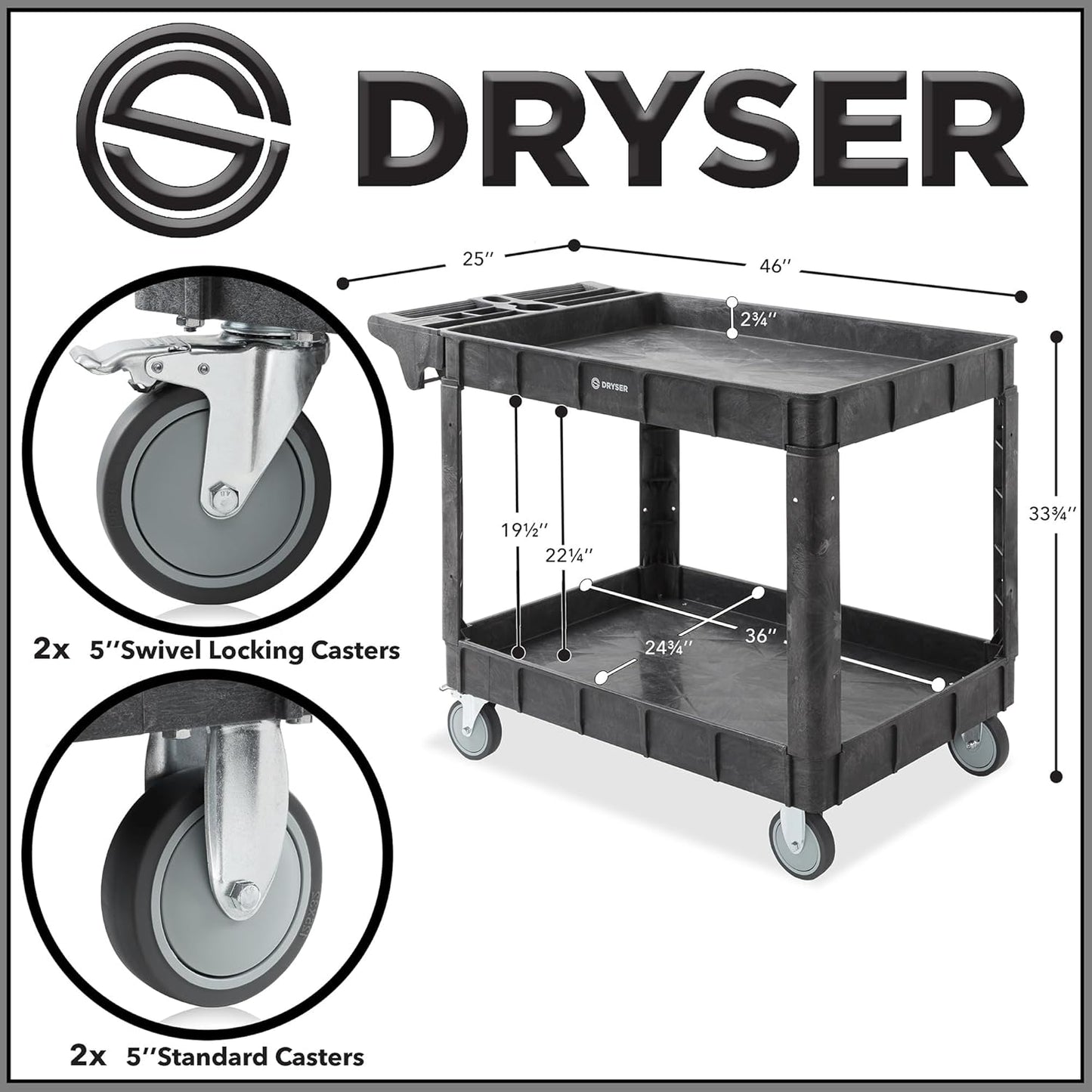 Dryser Utility Cart with Wheels, 46" x 25" Heavy Duty 550 lb. Capacity with Shelves - 2 Tier Rolling Cart with Two 5" Swivel Casters for Warehouse, Garage, Cleaning