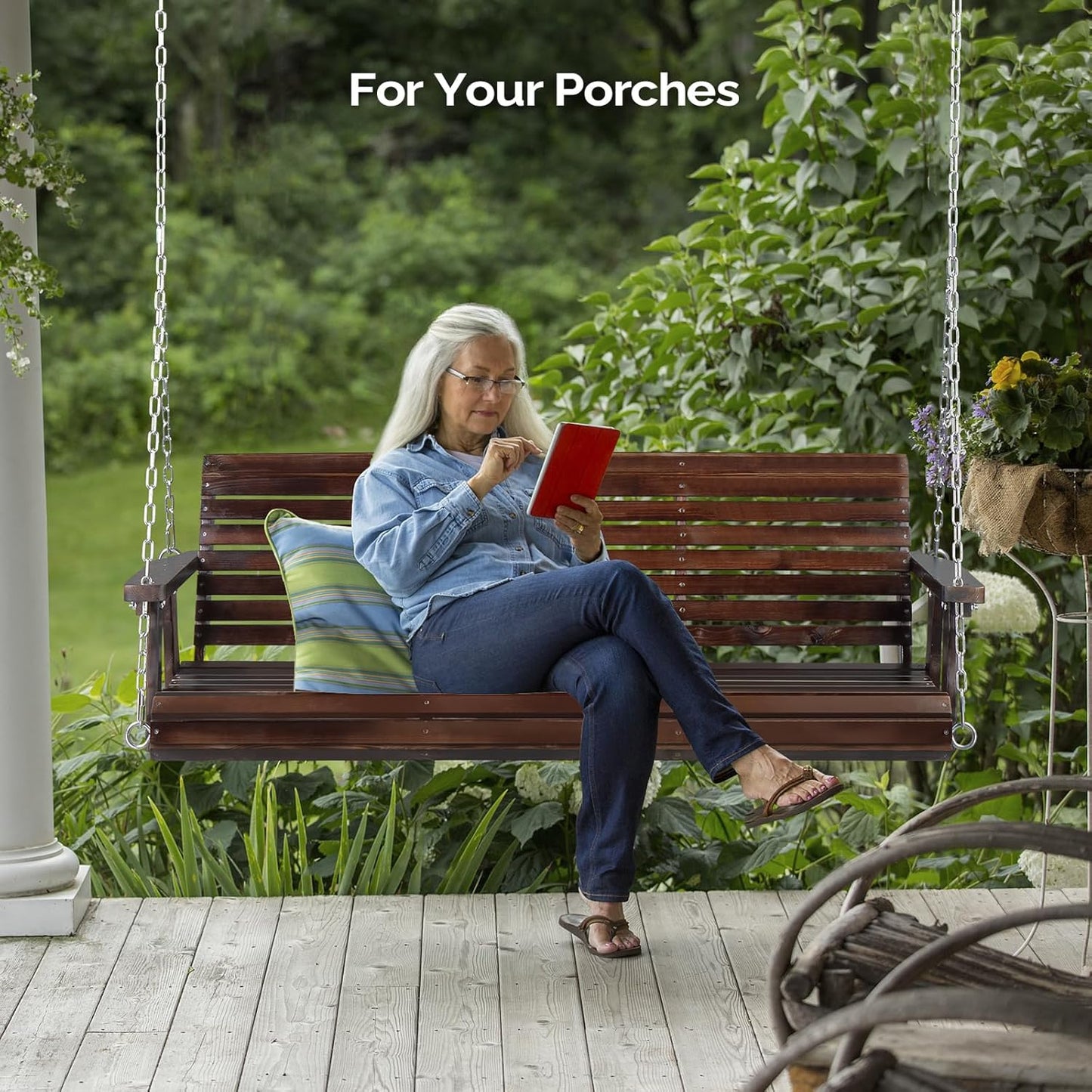 VINGLI Heavy Duty 880 LBS Patio Porch Swing Outdoor PU Painting, Hanging Chair with Adjustable Secure Chains, Finished Outdoor Bench Tree Swing for Yard | Garden | Lawn | Balcony (5 FT, Rustic)