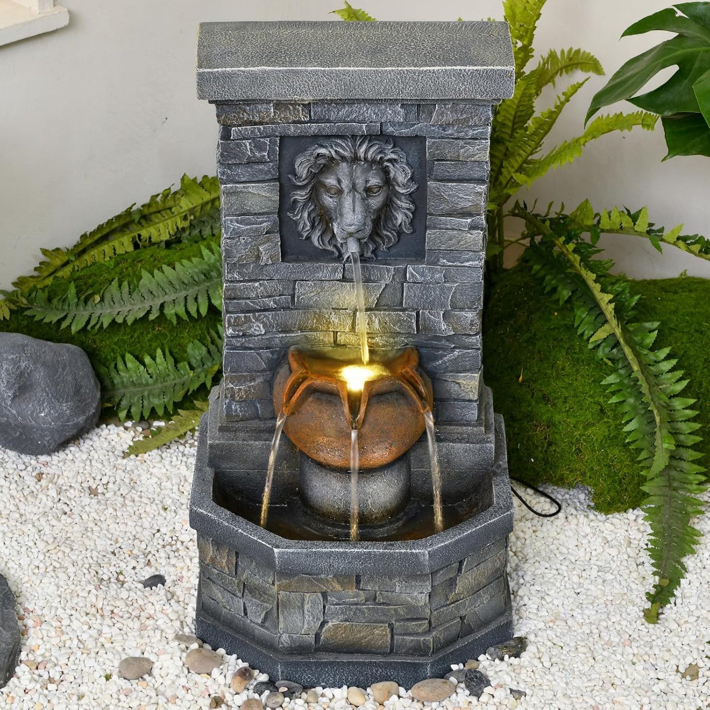 26'' Outdoor Garden Floor-Standing Water Fountain Lion Head Stone with Lights Outdoor Waterfall for Patio, Backyard, Deck, Porch and Home Art Decor