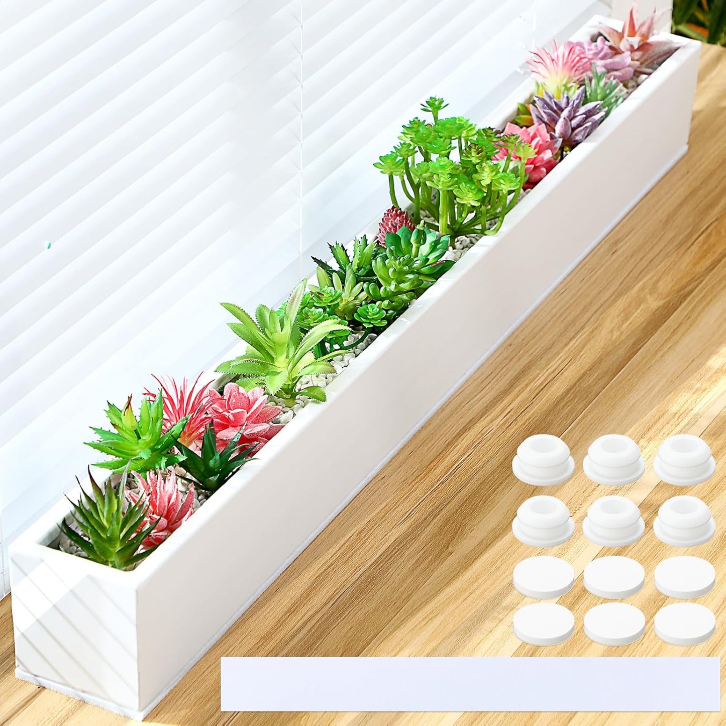 32 x 3.5 x 3.5 Inch Long Rectangular Planter Box Window Sill Plant Box Metal Water Trough Indoor Large Modern Steel with Drainage Holes Herb Garden Home(White)