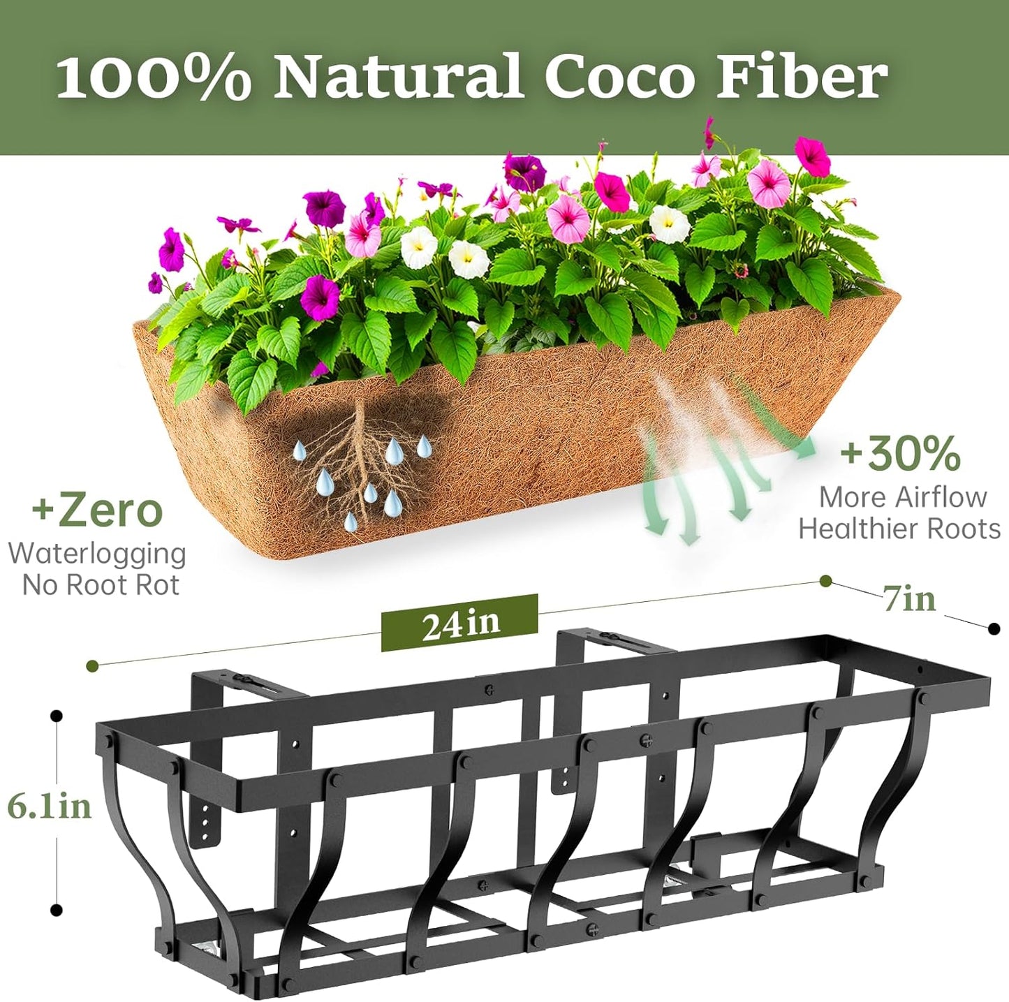 Railing Planter Boxes, Heavy Duty Window Box Planters, Adjustable Balcony Planters for Railing Hanging, with Coco Liner & Support Rod for Deck, Porch, and Patio Gardening (3 Pack, 24 Inch)