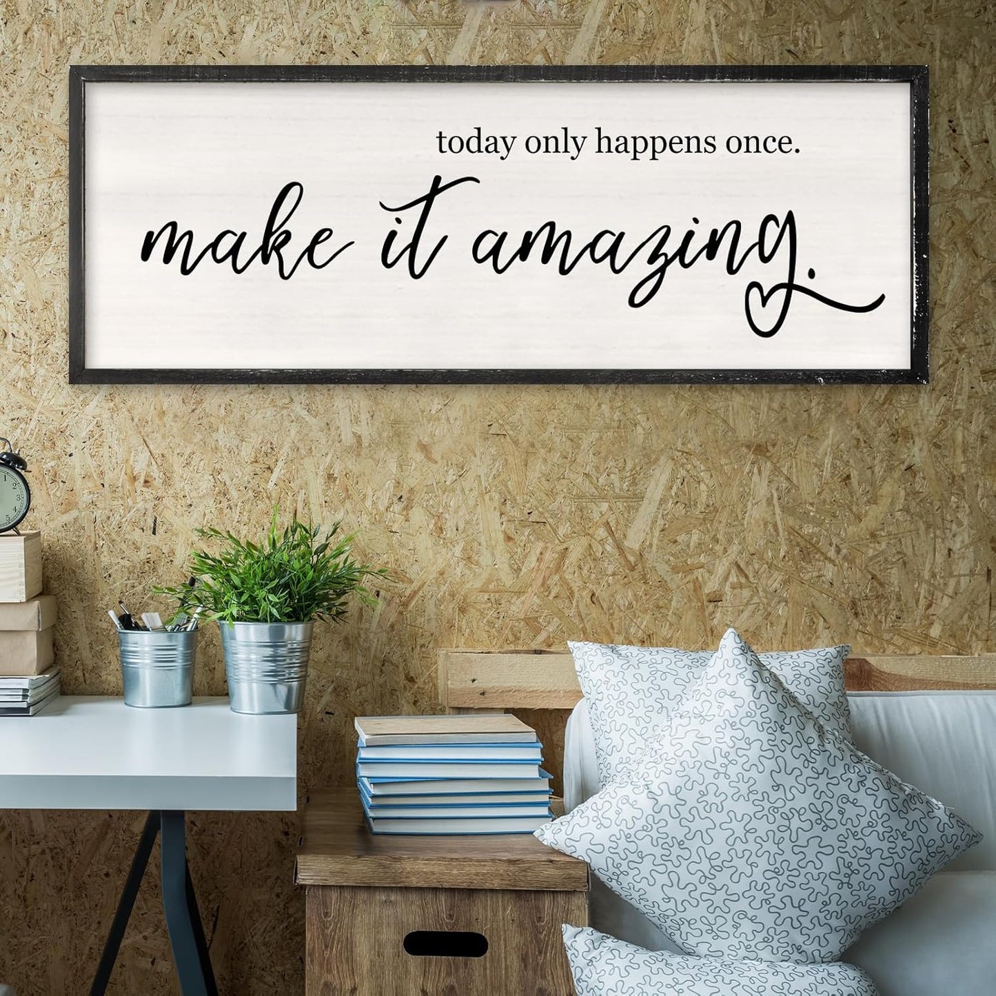 Today Only Happens Once Make It Amazing Wall Art Decor 40x15 Inch Large Inspirational Quote Sign Rustic Living Room Vintage Wood Frame Office Motivational Home Wall Hanging (Black)