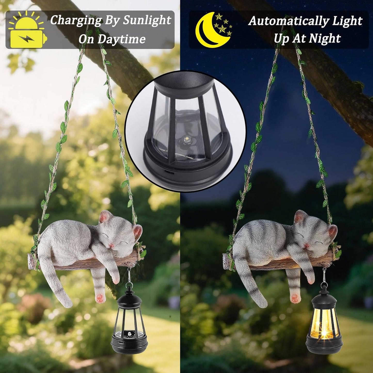 Solar Lighted Garden Outdoor Statue, 22.6" H Hanging Swing Lying with A Sleeping Cat and A LED Lantern, Resin Animal Figurine Hanging Ornaments with Hook for Decoration & Gift