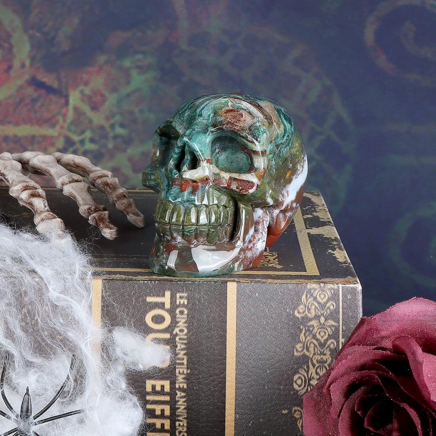 3.0" Ocean Jasper Crystal Skull Head Decor Figurine Healing Stone Carved Sugar Skull Stutue Sculpture Ornament for Day of Dead Decorations Home Office