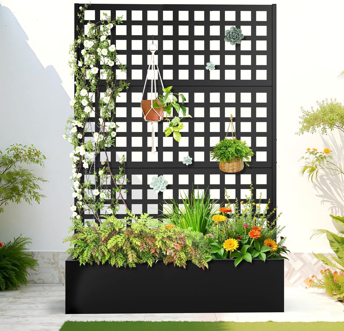 FENCY Metal Raised Garden Bed with Trellis, Metal Planter Box with Trellis, Garden Box for Climbing Plants Vegetable, 47''Lx16''Wx71''H Garden Bed with Drainage Holes(Black)