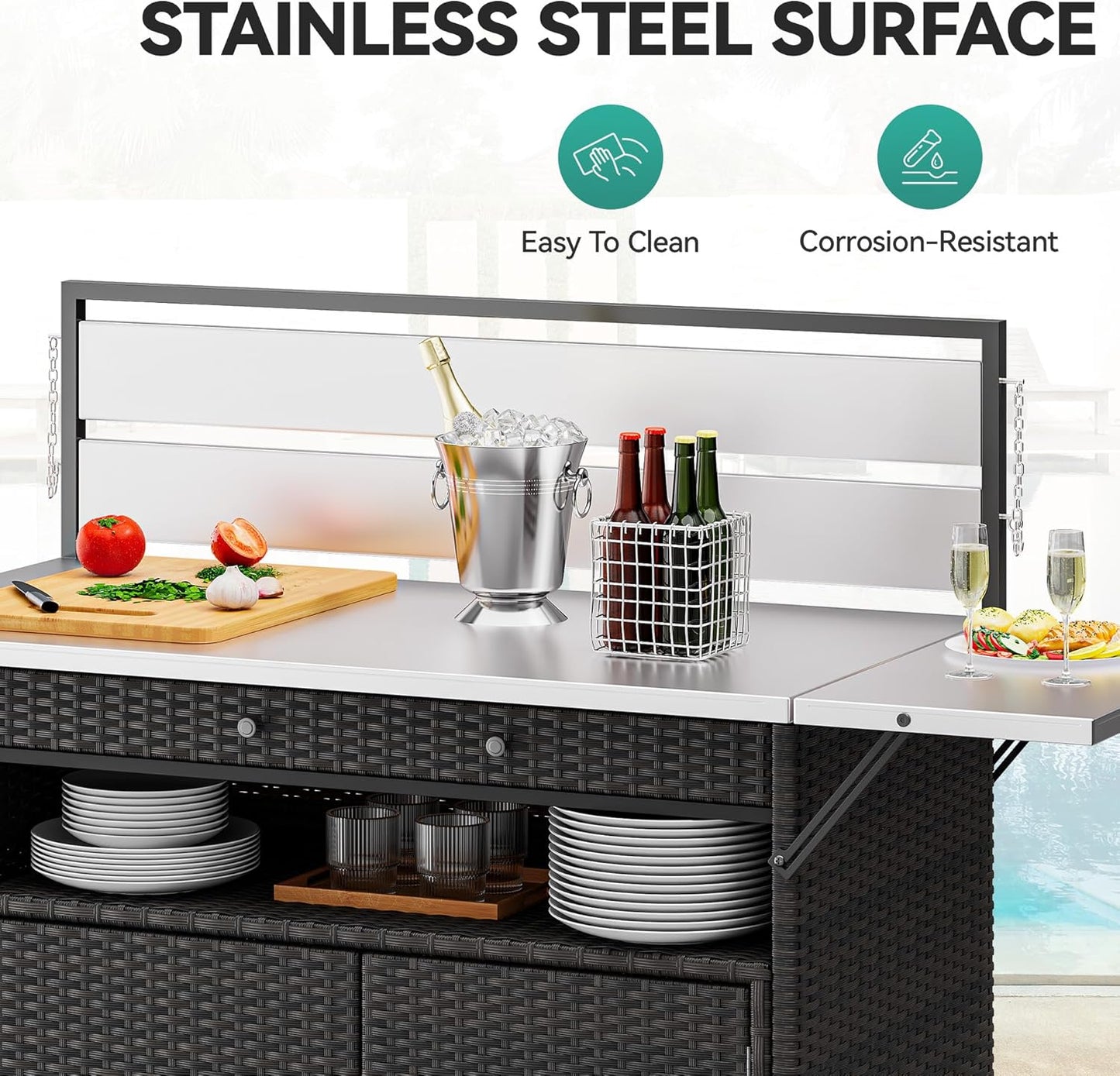 YITAHOME XL Outdoor Kitchen Island, Outdoor Bar Table & Storage Cabinet, Wheels and Stainless Steel Extended Table Top, Side Handle for Patio Kitchen or Bar Cart, Dark Brown