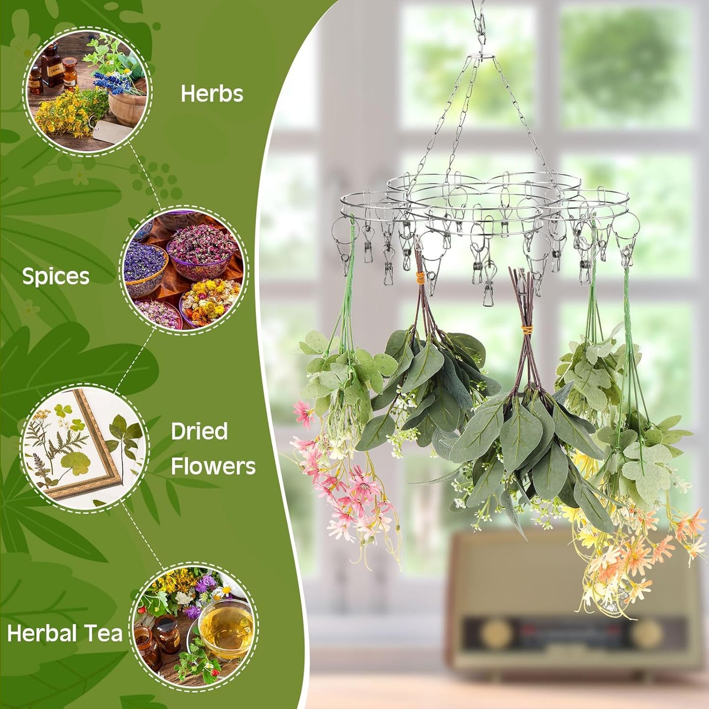 Bokon 4 Pcs Hanging Drying Rack for Herb Macrame Flower with Stainless Clip Dryer Hook for Drying Herb Air Plants Spices Flower Hydroponic Plant Ready to Use with Ceiling Hook(Plum Shape)