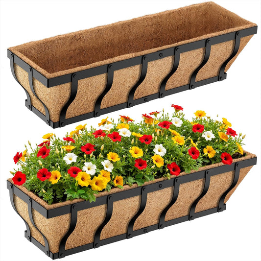 Railing Planter Boxes, Heavy Duty Wall-Mounted Window Box Planters with Coco Liner, Outdoor Window Flower Boxes for Windowsill, Deck, Porch, Balcony, and Patio Gardening (2 Pack, 24 Inch)