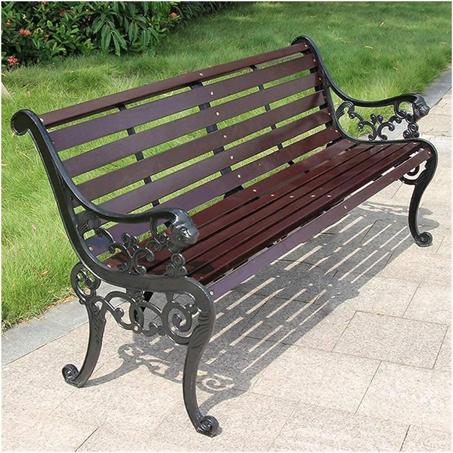 Outdoor Bench, Porch Bench, Garden Park Bench, Cast Aluminum Preservative Wood Bench with Backrest and Armrests for 2-3 People Porch/Deck/Patio Furniture(Brown+Black Legs,125CM)